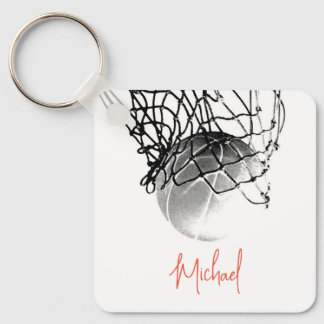 Porte-clés Ballon et filet de basket-ball noir et blanc Votre