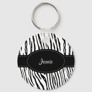 Porte-clés Bandes de tigres noirs et blancs Preppy avec nom