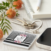 Porte-clés Bandes noires et blanches Monogramme floral rose (Devant Droit)