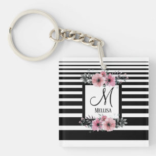 Porte-clés Bandes noires et blanches Monogramme floral rose