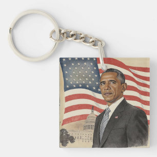 Porte-clés Barack Obama devant le drapeau américain et le Cap