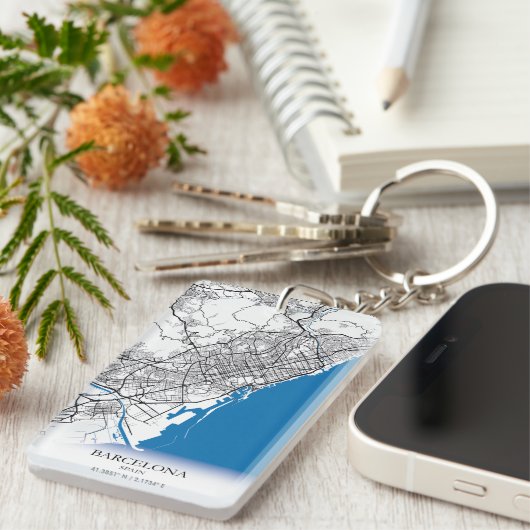 Porte-clés Barcelone Espagne City Map Voyage Simple Minimal (Devant droit)