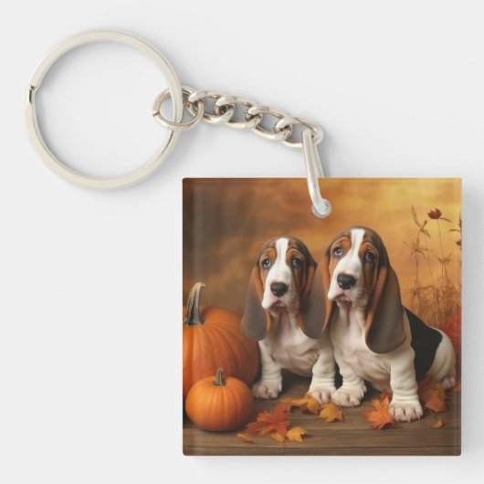 Porte-clés Basset Hound Chiot Automne Citrouille de plaisir (Devant)