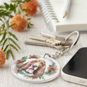 Porte-clés Basset Hound Festive Wreath de Noël Pup