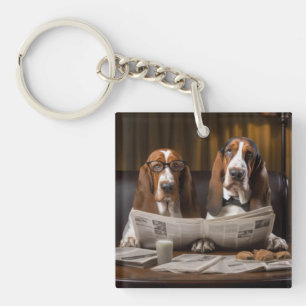 Porte-clés Basset hounds à lire le journal