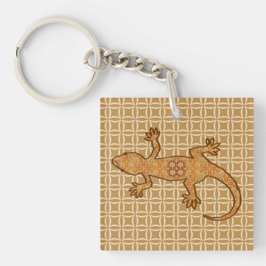 Porte-clés Batik tribal Gecko - rouille, ambre et bronze (Devant)