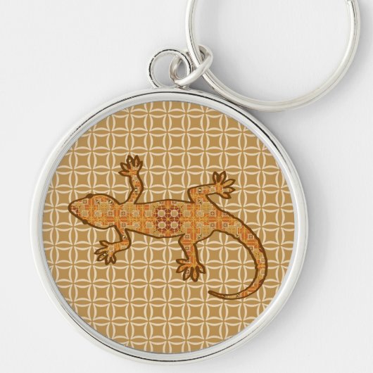 Porte-clés Batik tribal Gecko - rouille, ambre et bronze (Devant)