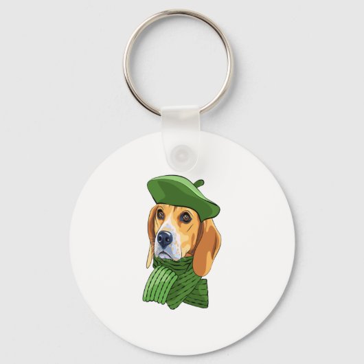 Porte-clés Beagle de chien en vert béret français (Recto)