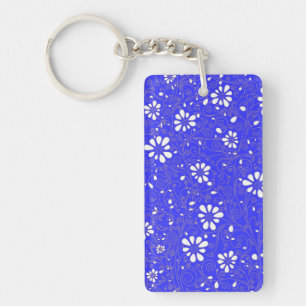Porte-clés Beau bleu blanc classique fleurs motif