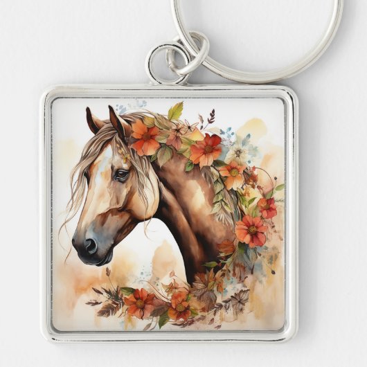 Porte-clés Beau Cheval aux jolies fleurs Aquarelle (Devant)
