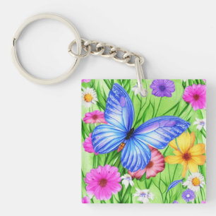 Porte-clés Beau Papillon Bleu avec fleurs Aquarelle