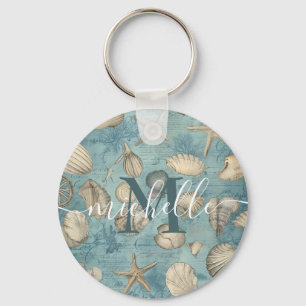 Porte-clés Beaux Coquillages Vintages Personnalisés En Bleu