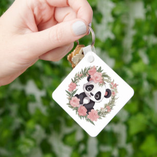 Porte-clés Bébé adorable Panda Ours avec fleurs