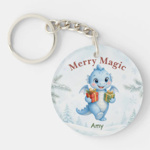 Porte-clés Bébé Dragon Magique Bleu de Noël Personnalisé