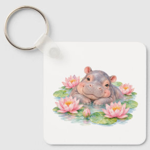 Porte-clés Bébé Hippopotame Parmi les Nénuphars