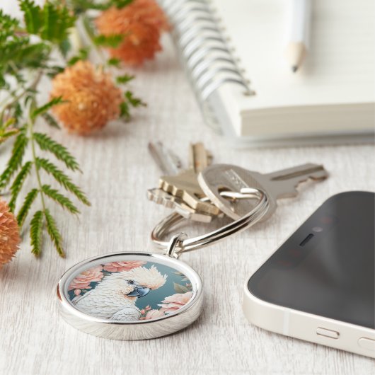 Porte-clés Bébé mignon Cockatoo Parrot Fleurs roses douces (Côté)