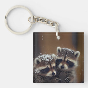 Porte-clés Bébé Raccoons se blottit dans la neige tombante