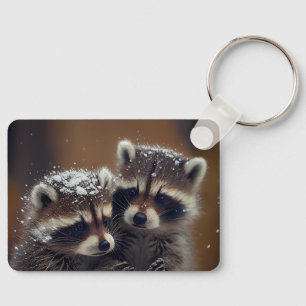 Porte-clés Bébé Raccoons se blottit dans la neige tombante