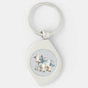 Porte-clés Bébé vache à carreaux bleus Pastel Fermière Esthét