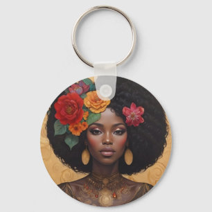 Porte-clés Belle Africaine Américaine Avec Fleurs