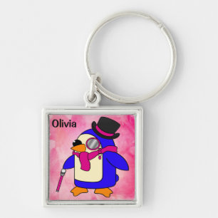 Porte-clés Belle caricature pingouin fleuri rose pastel