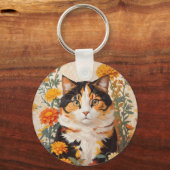 Porte-clés Belle Chat Calico Avec Fleurs Marigold (Recto)