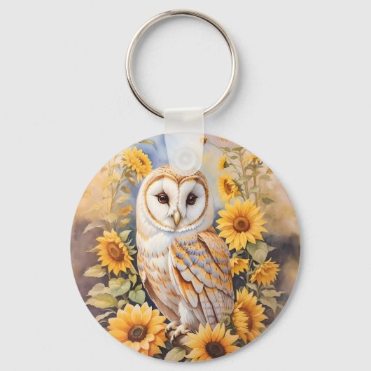 Porte-clés Belle Chouette Et Fleurs De Soleil (Recto)