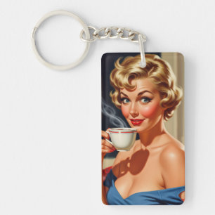 Porte-clés Belle femme rétro avec une tasse de café