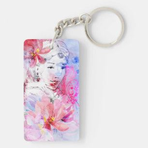 Porte-clés Belle fille avec un bouquet des fleurs