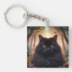 Porte-clés Belle Fluffy Chat Noir avec yeux or
