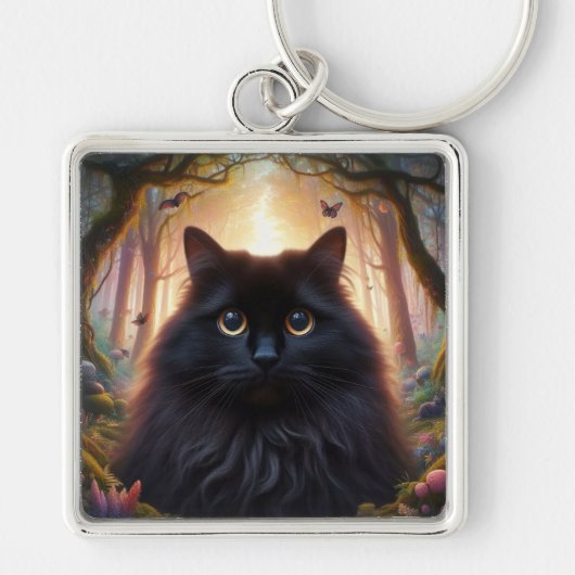 Porte-clés Belle Fluffy Chat Noir avec yeux or (Devant)