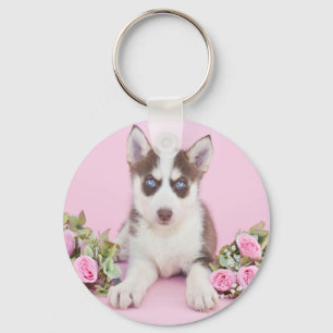 Porte-clés Belle marionnette Husky aux roses roses roses