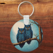 Porte-clés Belle paire bleue de chouettes assise sur une bran (Verso)