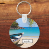 Porte-clés Belle plage tropicale avec bateau à rames (Recto)