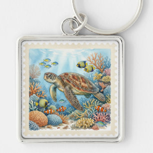 PORTE-CLÉS BELLE TORTUE DE MER COLORÉE ET POISSONS TROPICAUX