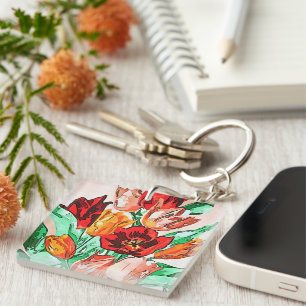Porte-clés Belle Tulipes Bouquet Floral Black Outline Art