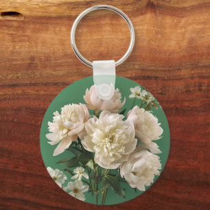 Porte-clés Belles pivoines blanches et roses sur fond vert