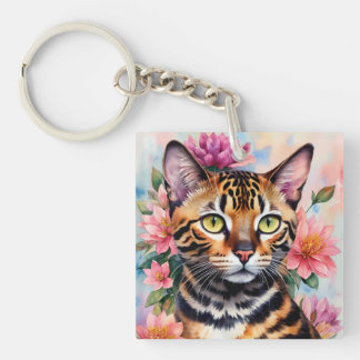Porte-clés Bengale Chat Floral Aquarelle Art