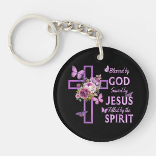 Porte-clés Béni par Dieu sauvé par Jésus Croix Florale pourpr