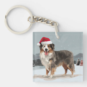Porte-clés Berger Australien dans la neige de Noël