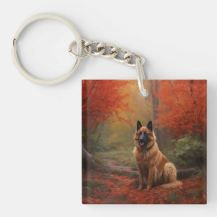 Porte-clés Berger Belge dans les feuilles d'automne qui tombe