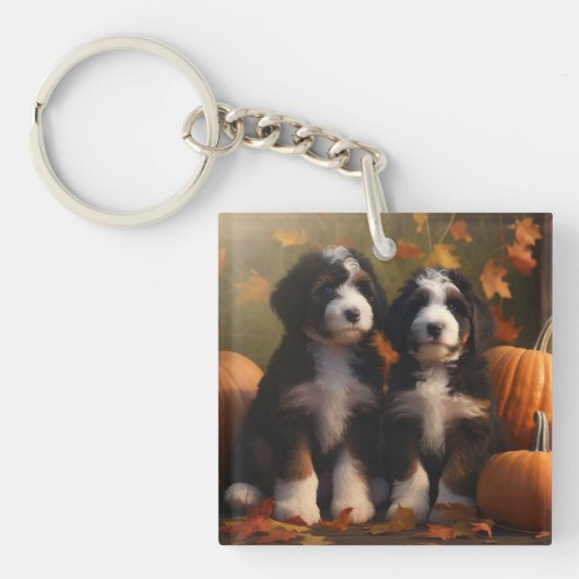 Porte-clés Bernedoodle Chiot Automne Citrouille de plaisir (Devant)