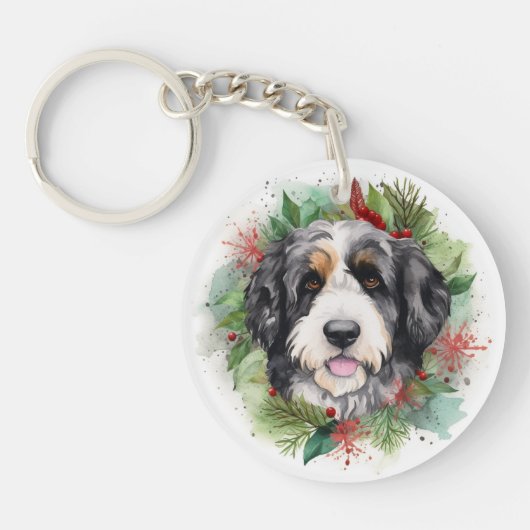 Porte-clés Bernedoodle Christmas Wreath Festive Pup (Devant)