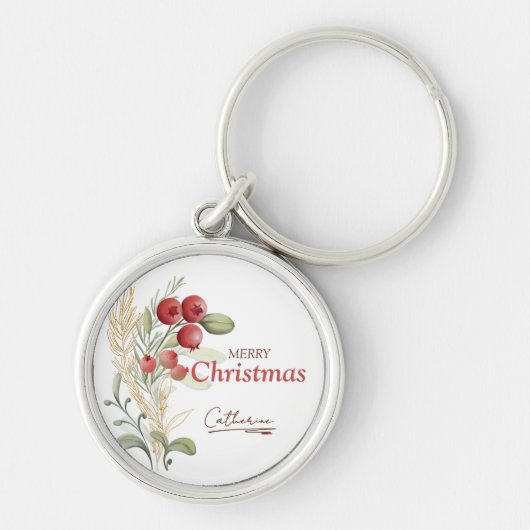 Porte-clés Berries rouges Vert Élégant Nom Noël (Devant)