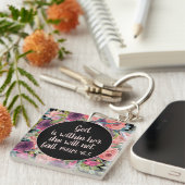 Porte-clés Bible Verset Floral Violet Rose (Devant Droit)