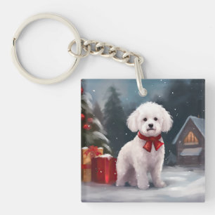 Porte-clés Bichon Frise dans la neige à Noël 