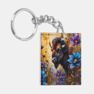 Porte-clés Bison américain dans un portrait de fleur texturée
