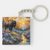 Porte-clés Bison américain dans un portrait de fleur texturée (Dos)