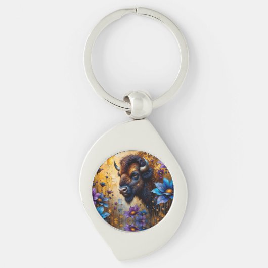 Porte-clés Bison américain dans un portrait de fleur texturée (Devant)