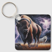 Porte-clés Bison et loup dans un orage avec éclair (Recto)
